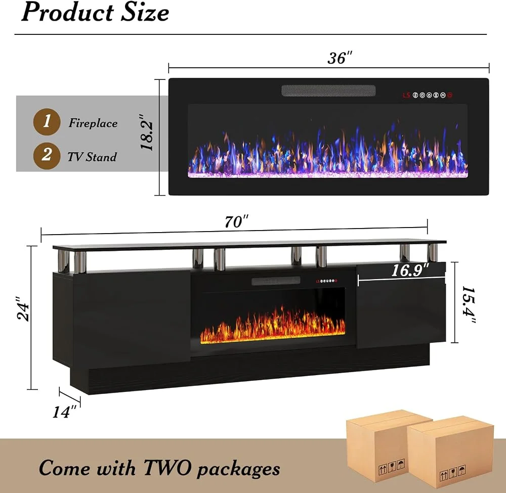 BOSSIN Modern 70" Fireplace TV Stand with 36" Electric Fireplace, 2 Tier, Black
