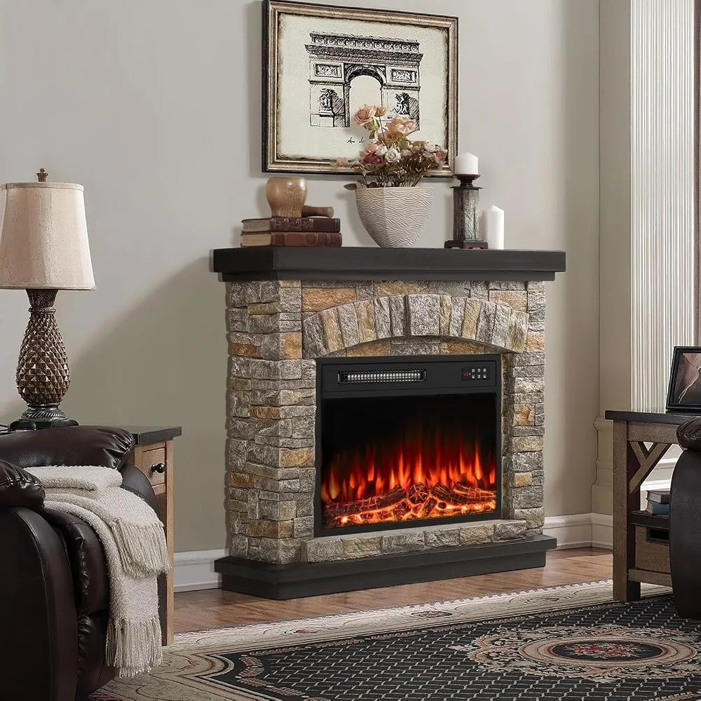 BOSSIN 36" Electric Fireplace with Mantel, 23" Insert, TV Stand, Faux Stone Gray
