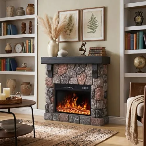 BOSSIN 40" Electric Fireplace with Mantel, 23" Insert, TV Stand, Faux Stone New Gray