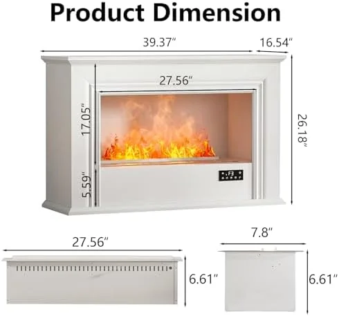 BOSSIN 40" Water Vapor Electric Fireplace with Mantel, 3D Mist Flame, Self-Cleaning, White