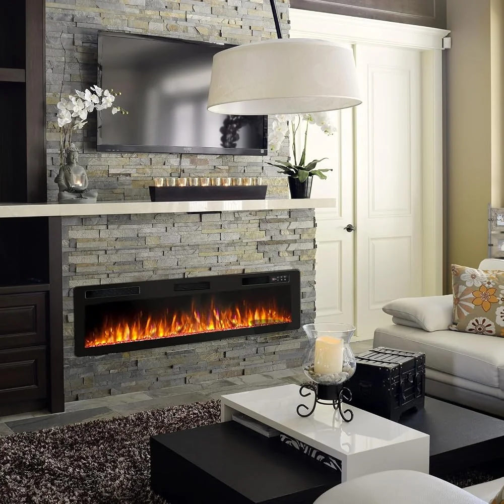 BOSSIN 72" Ultra-Thin Silence Linear Electric Fireplace, Recessed Wall Mounted, 12 Flame Colors