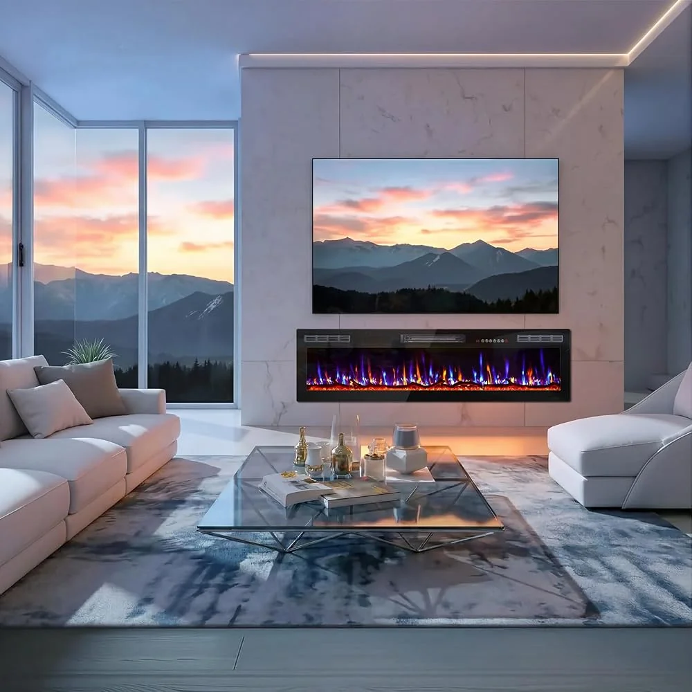 BOSSIN 72" Ultra-Thin Linear Recessed and Wall Mounted Electric Fireplace with Log & Crystal Options